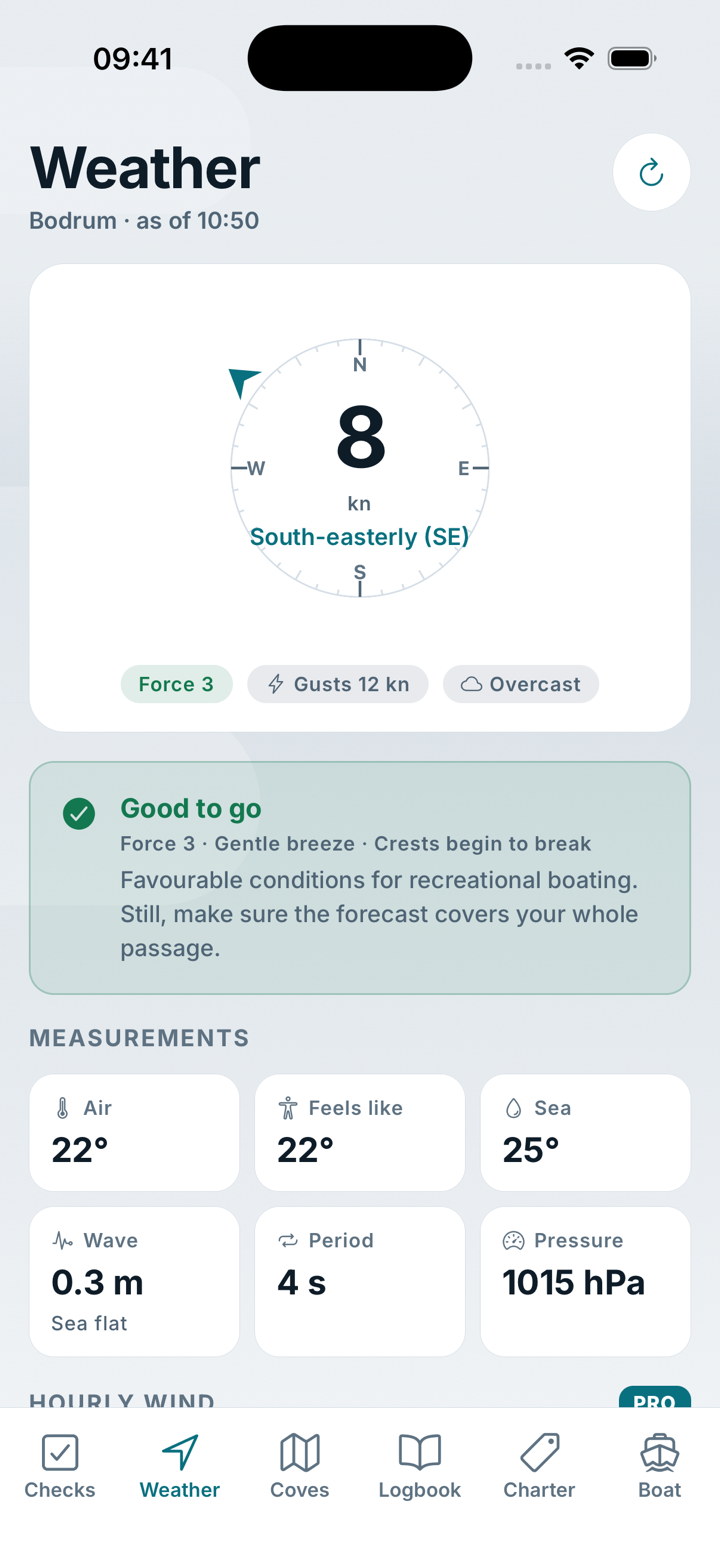Weather screen with the wind dial, Beaufort force and sea state