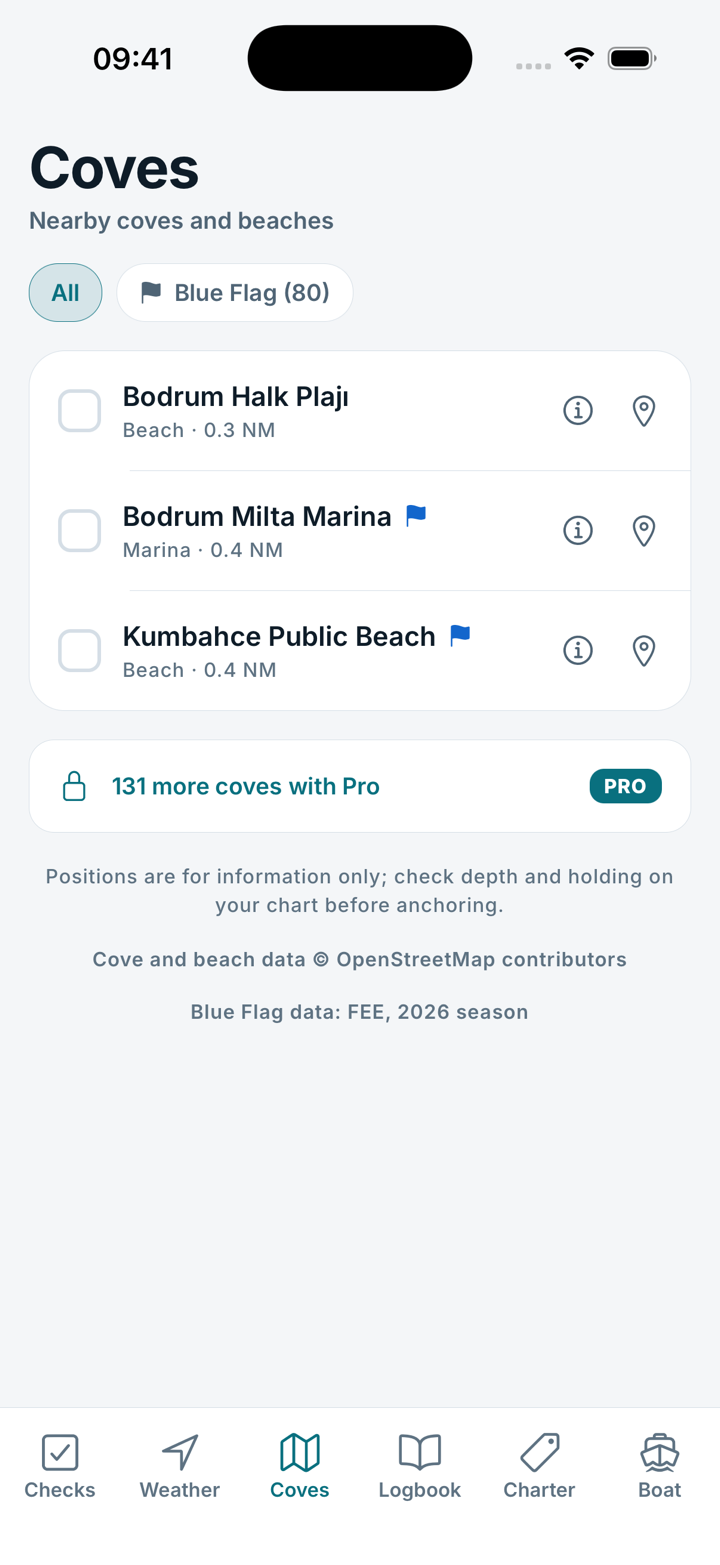 Coves screen listing nearby coves, beaches and Blue Flag marinas with distances