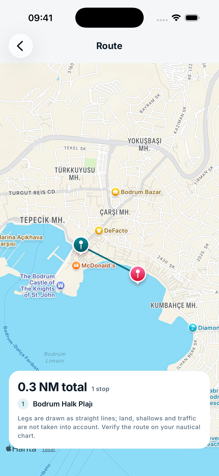 Route screen showing the drawn route between selected coves and the total distance